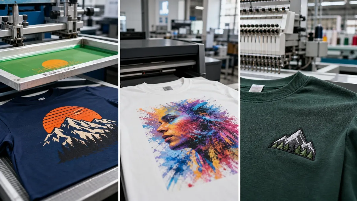screen printing vs DTG vs embroidery comparison on custom T-shirts