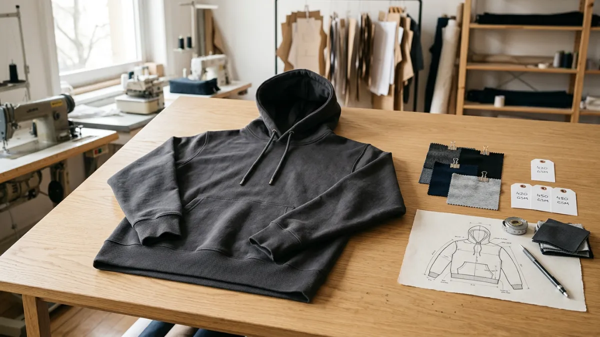 Weighted hoodie development with fabric swatches and production sketches