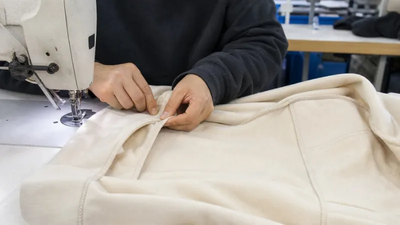 Factory worker reinforcing seams on a weighted hoodie sample