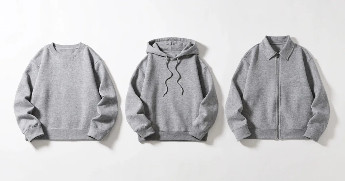 Air layer sweatshirt style lineup showing boxy crewneck, drop shoulder hoodie, and zip-up styles