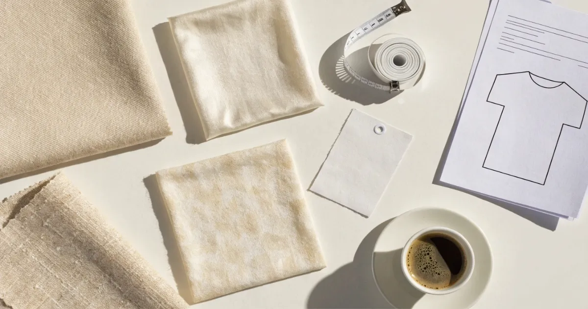 Brand product development with fabric swatches and spec sheets on a table