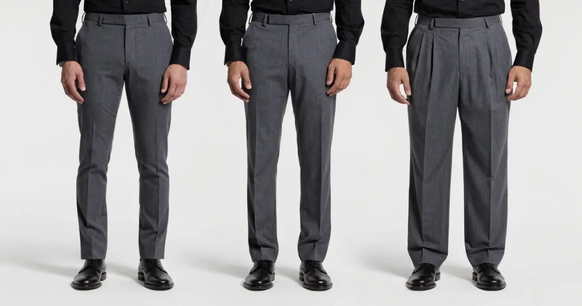 Body type and pants style guide showing fit differences across different silhouettes
