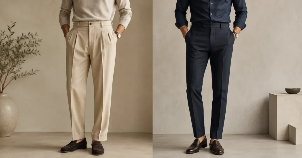 Pleated and Flat Front Pants comparison
