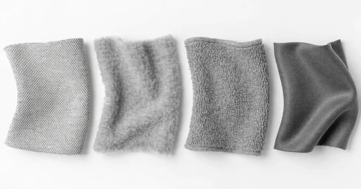 Fabric comparison swatches showing air layer, fleece, French terry, and scuba