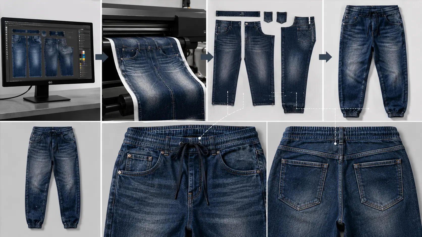 engineered denim print placement knit fabric manufacturing