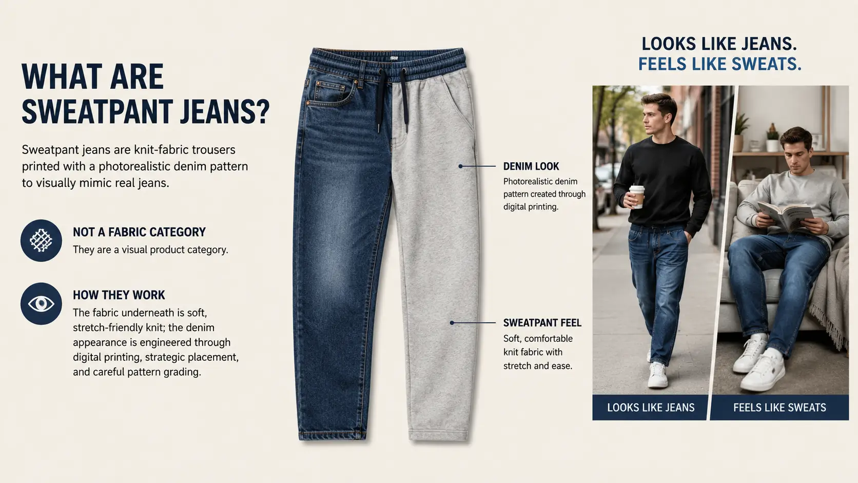 Sweatpant Jeans: Knit Fabric Printed to Look Like Real Denim sweatpant jeans knit fabric printed denim look